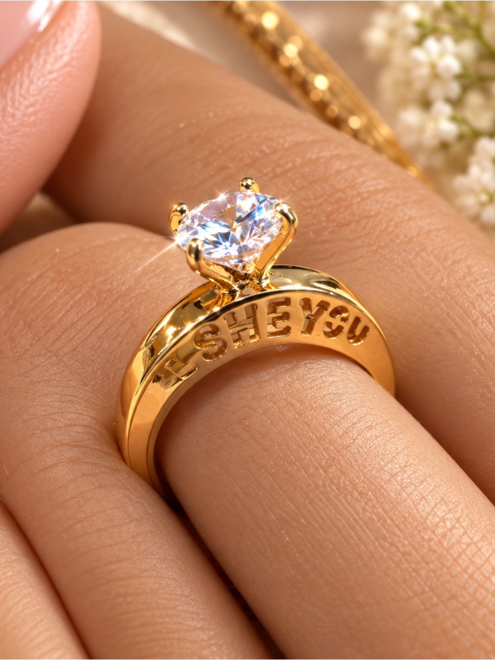 Gold Engraved Solitaire Ring with Clear Stone